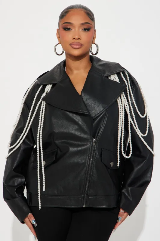 A Girl And Her Pearls Faux Leather Jacket - Black sold by Fashion Nova