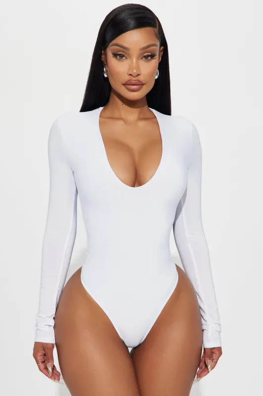 Take The Plunge Lined Long Sleeve Bodysuit - White sold by Fashion Nova