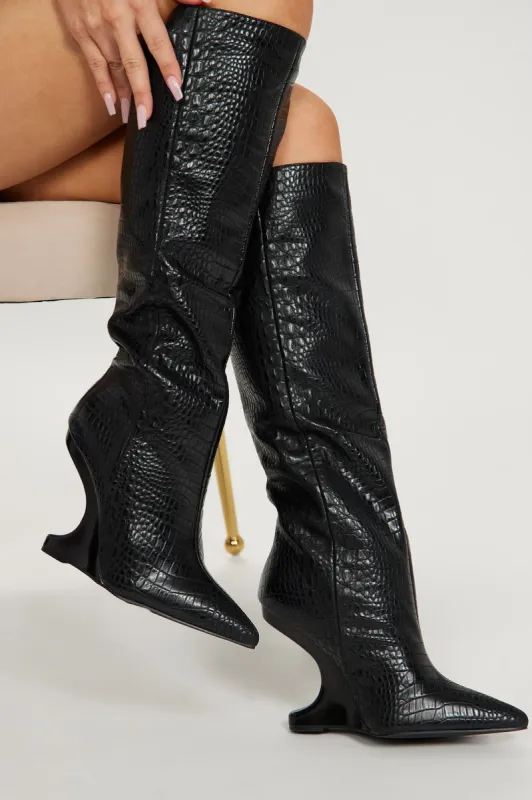 So I've Heard Knee High Heeled Boots - Black sold by Fashion Nova