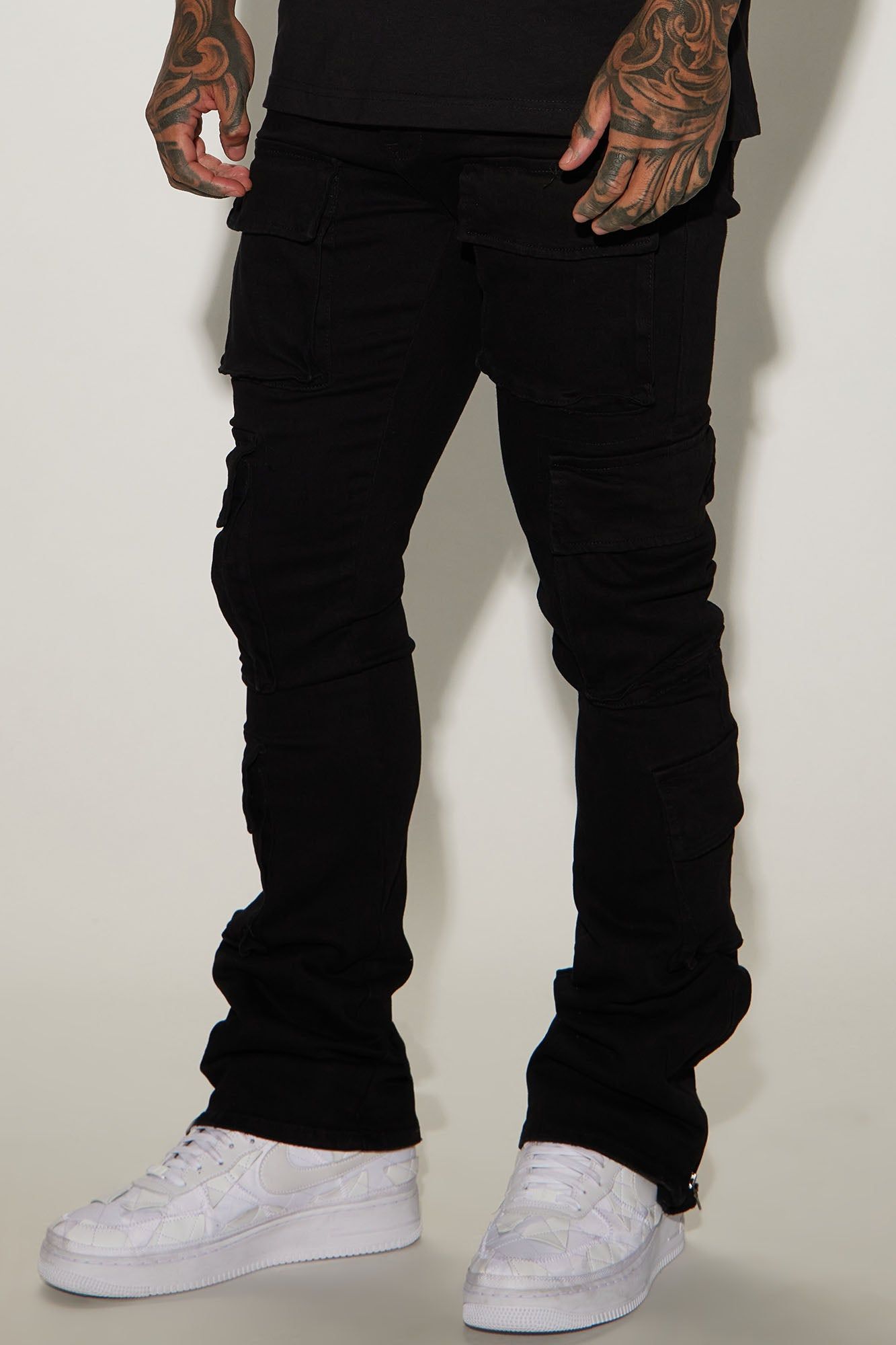 Three Cargo Stacked Skinny Zipper Flare Jeans - Black sold by Fashion Nova