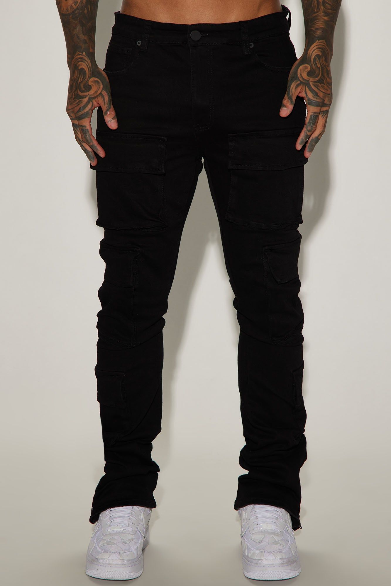 Three Cargo Stacked Skinny Zipper Flare Jeans - Black sold by Fashion Nova product image thumbnail 3