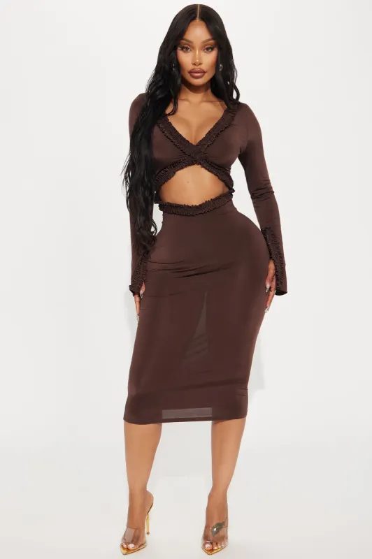 About Her Flair Midi Dress - Chocolate sold by Fashion Nova