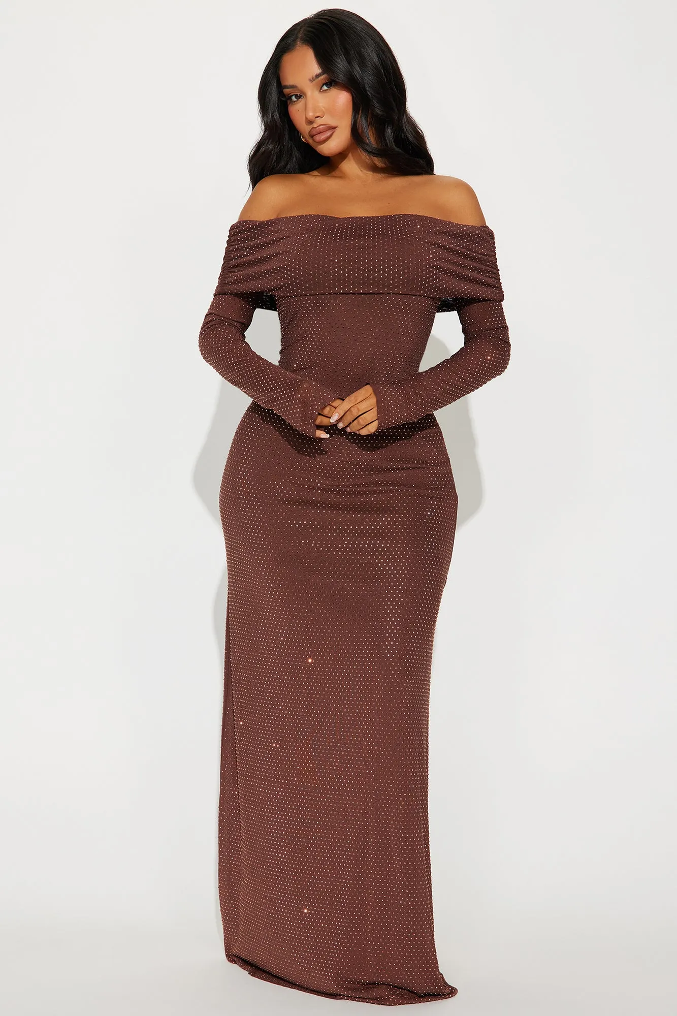 Austin Embellished Maxi Dress - Chocolate sold by Fashion Nova
