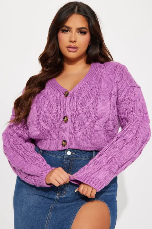 Lacen Cable Knit Cardigan - Purple sold by Fashion Nova