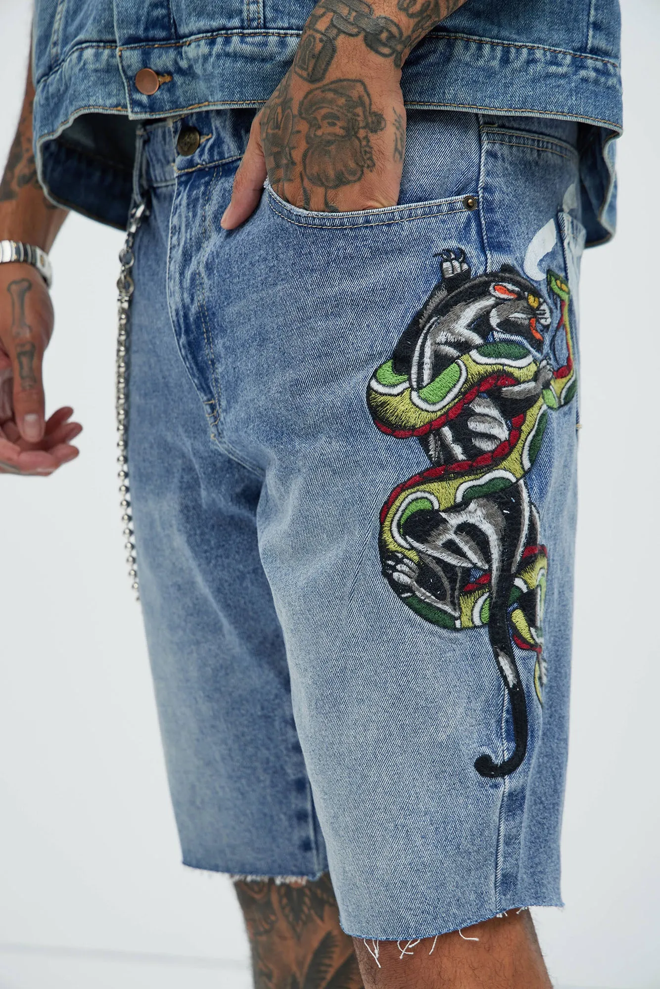 Ed Hardy Panther Snake Denim Shorts - Medium Wash sold by Fashion Nova
