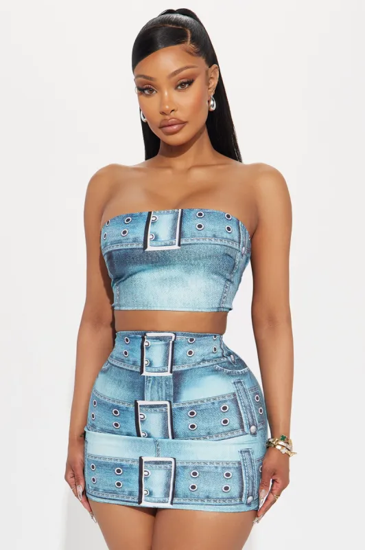Sharla Denim Print Skirt Set - Blue/combo sold by Fashion Nova