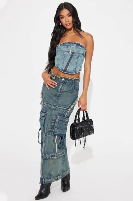 City Of Angels Tinted Denim Maxi Skirt - Dark Wash sold by Fashion Nova