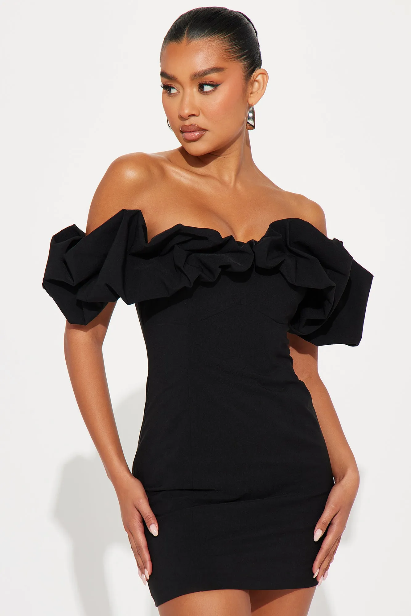 Romy Ruffle Off Shoulder Mini Dress - Black sold by Fashion Nova