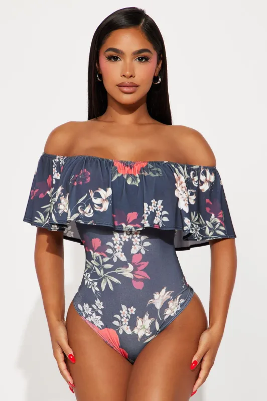 Happy Hour Floral Off Shoulder Bodysuit - Black/combo sold by Fashion Nova