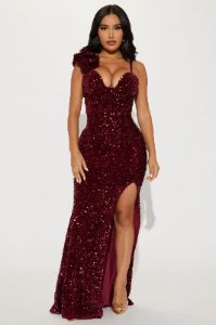 Jennifer Velvet Sequin Gown - Burgundy sold by Fashion Nova