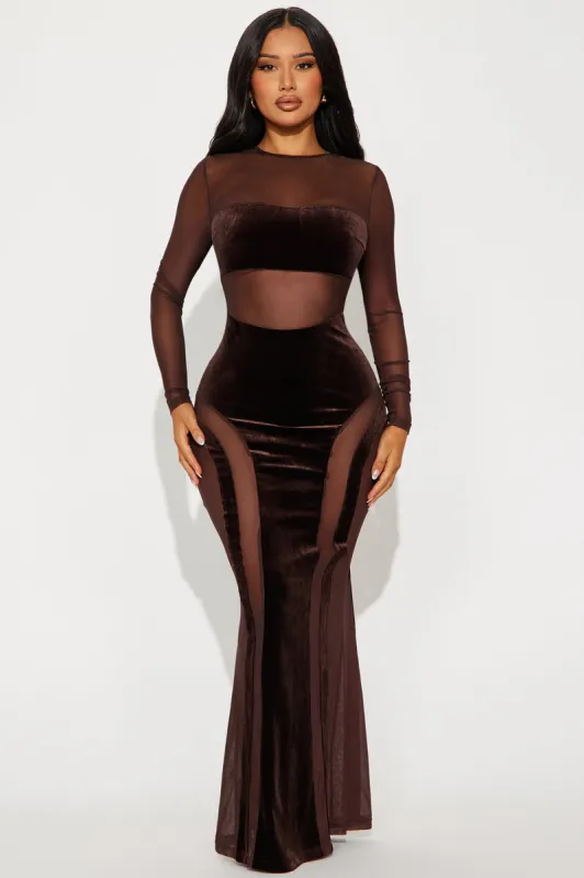 The Prize Velvet Maxi Dress - Chocolate sold by Fashion Nova