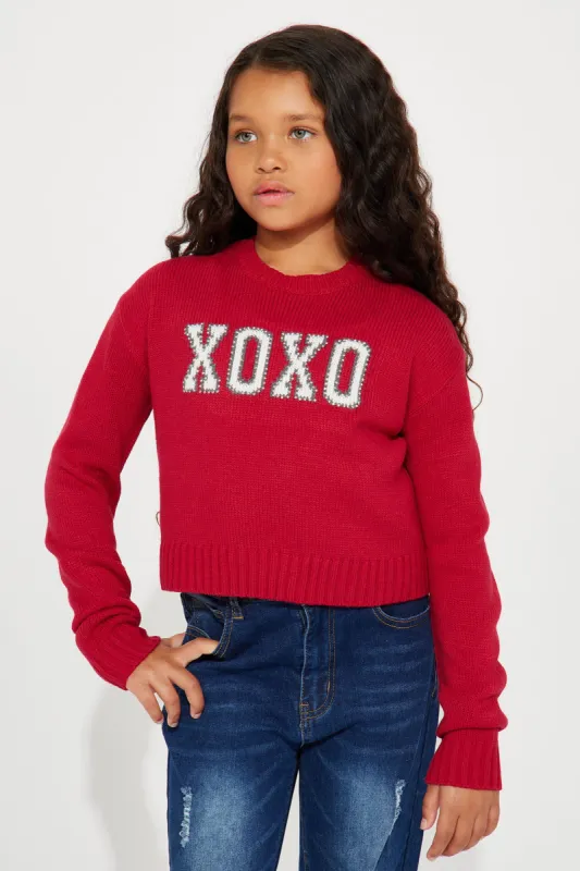 Mini XOXO Embellished Pullover Sweater - Red sold by Fashion Nova
