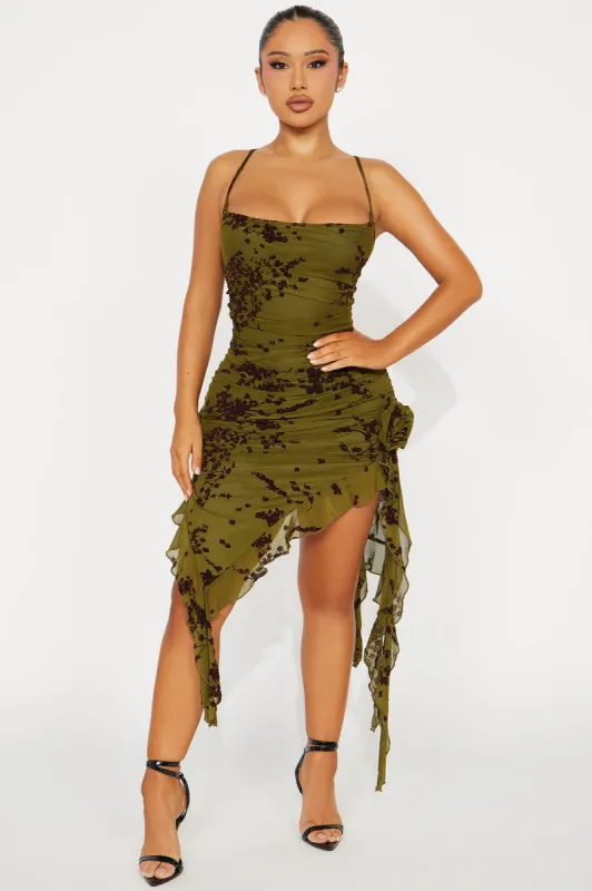 Blossom Bliss Mesh Midi Dress - Olive sold by Fashion Nova