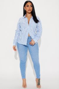 Andie Linen Striped Shirt - White/Blue sold by Fashion Nova