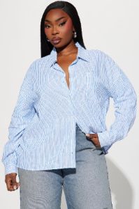 Andie Linen Striped Shirt - White/Blue sold by Fashion Nova