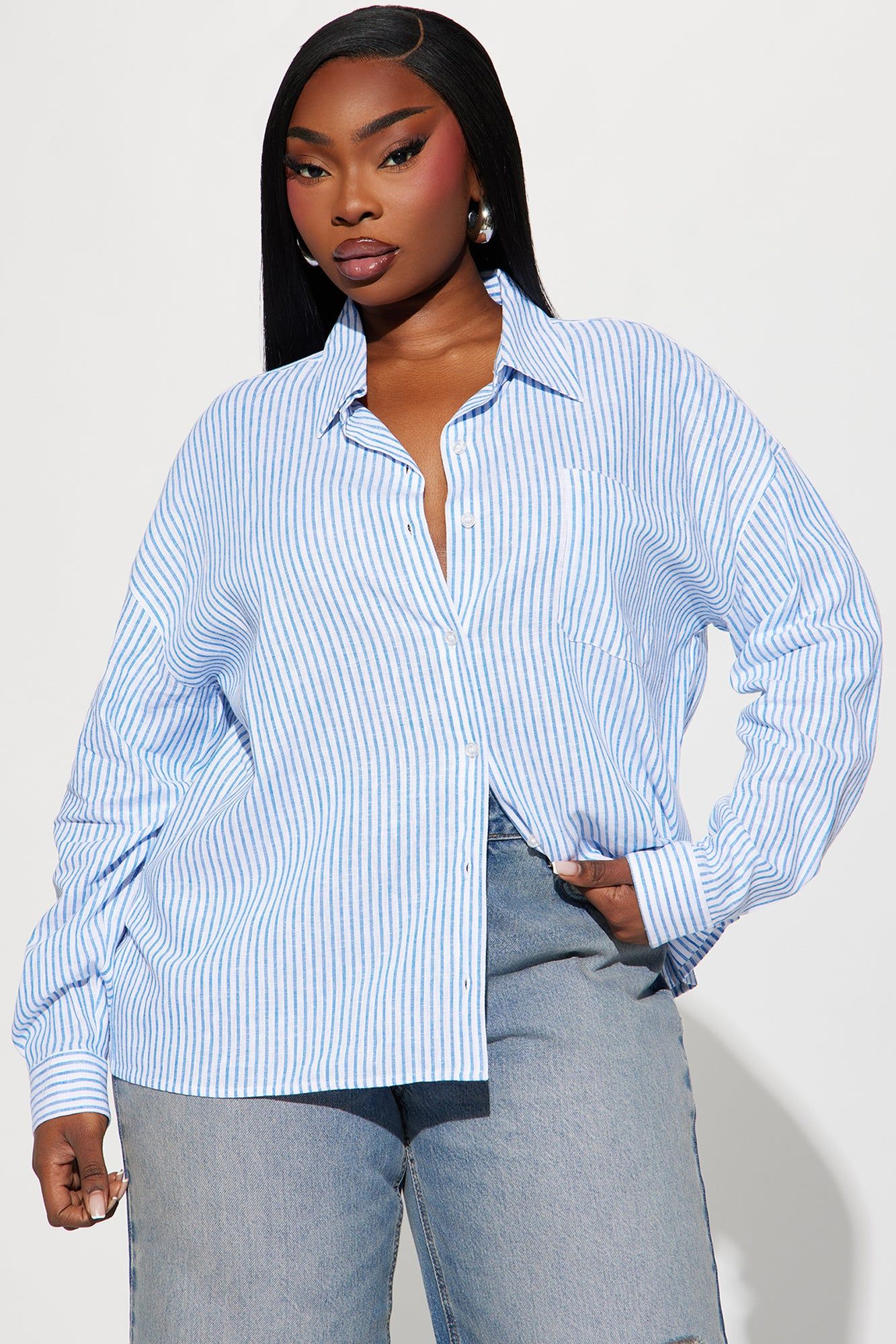 Andie Linen Striped Shirt - White/Blue sold by Fashion Nova product image thumbnail 4