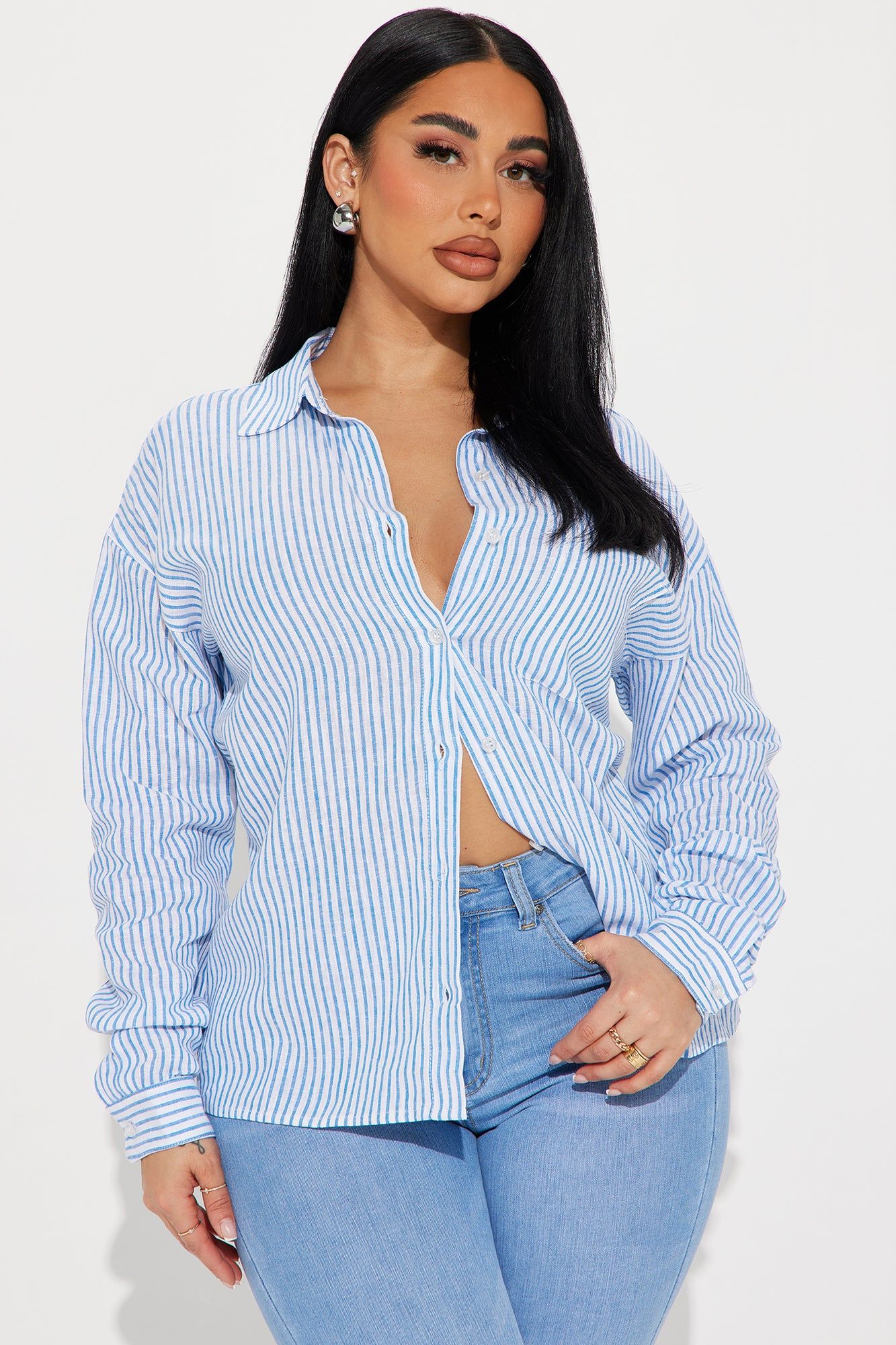 Andie Linen Striped Shirt - White/Blue sold by Fashion Nova