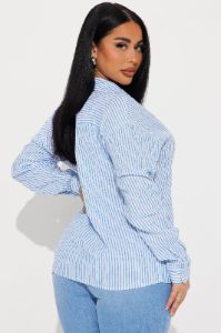 Andie Linen Striped Shirt - White/Blue sold by Fashion Nova