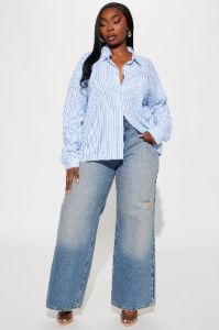Andie Linen Striped Shirt - White/Blue sold by Fashion Nova