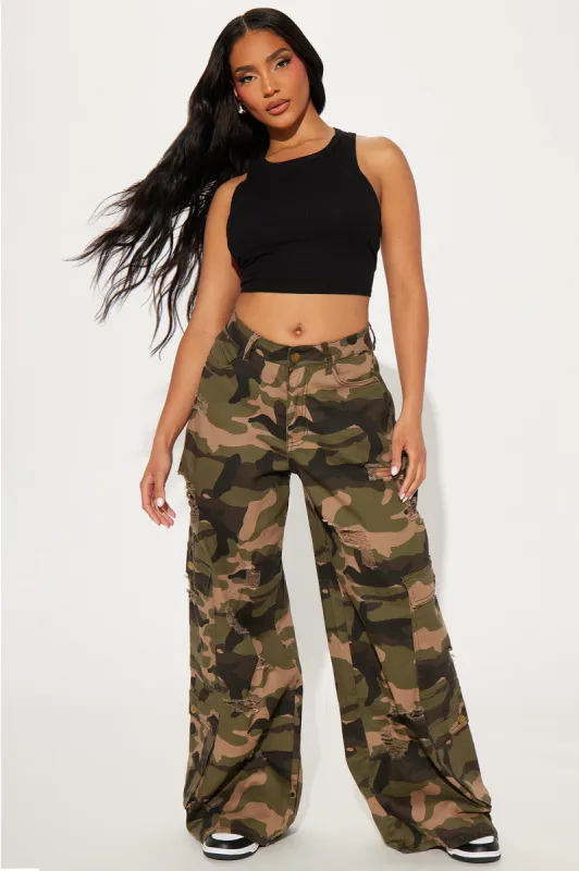 Camelia Camo Wide Leg Cargo Pant - Olive/combo sold by Fashion Nova
