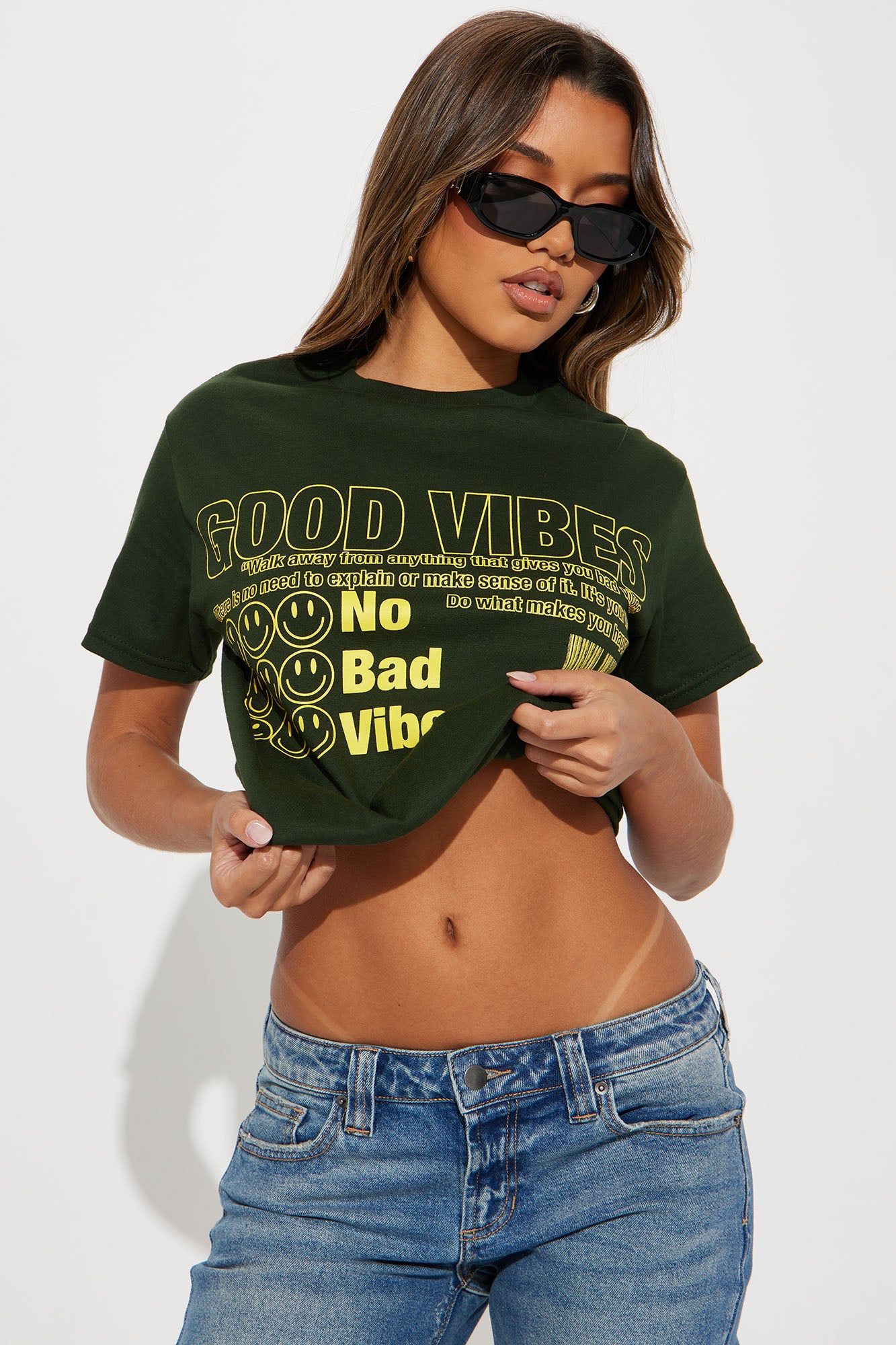 No Bad Vibes Smiley T-Shirt - Hunter sold by Fashion Nova