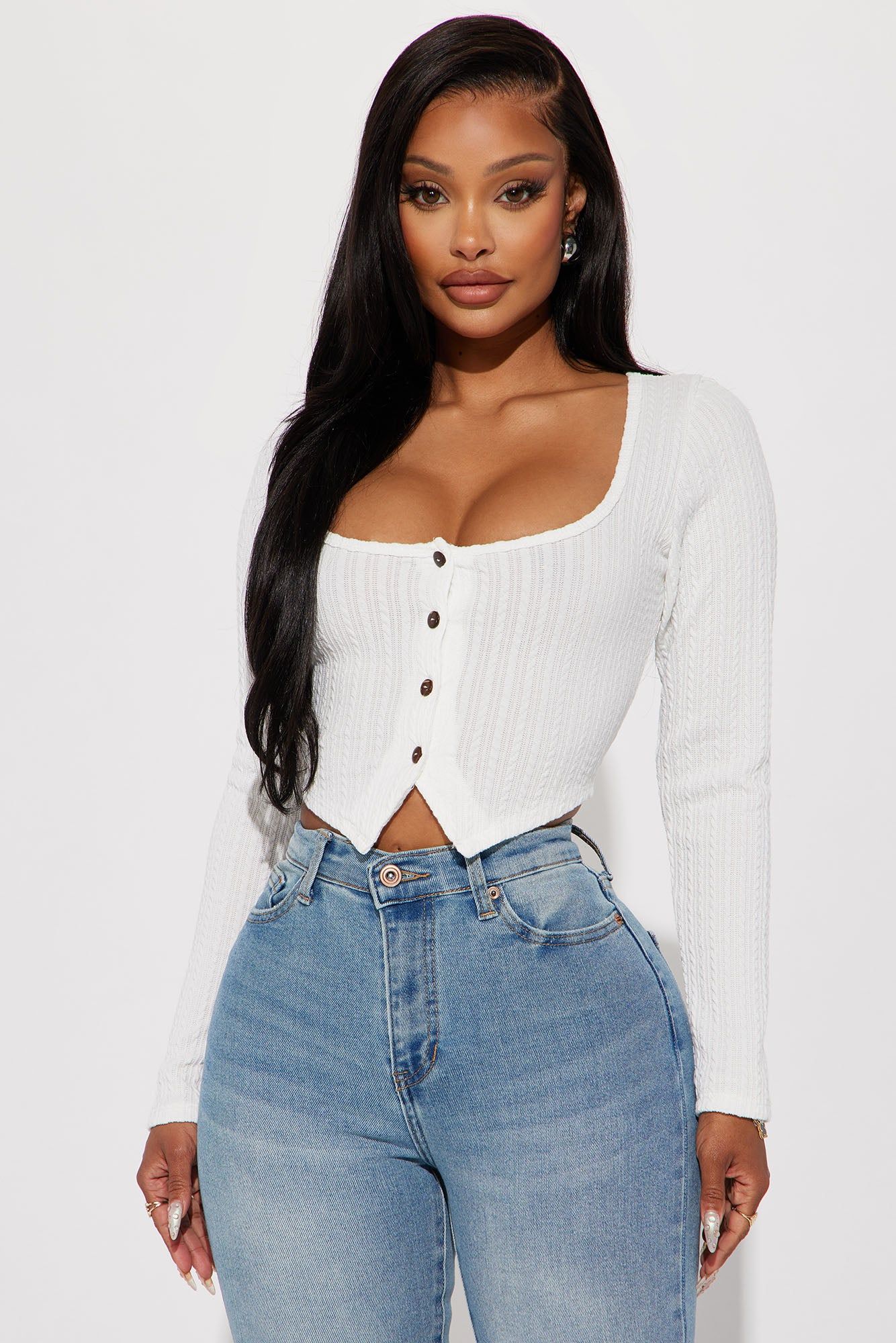 India Long Sleeve Crop Top - White sold by Fashion Nova
