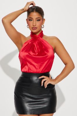 Isla Satin Halter Top - Red sold by Fashion Nova