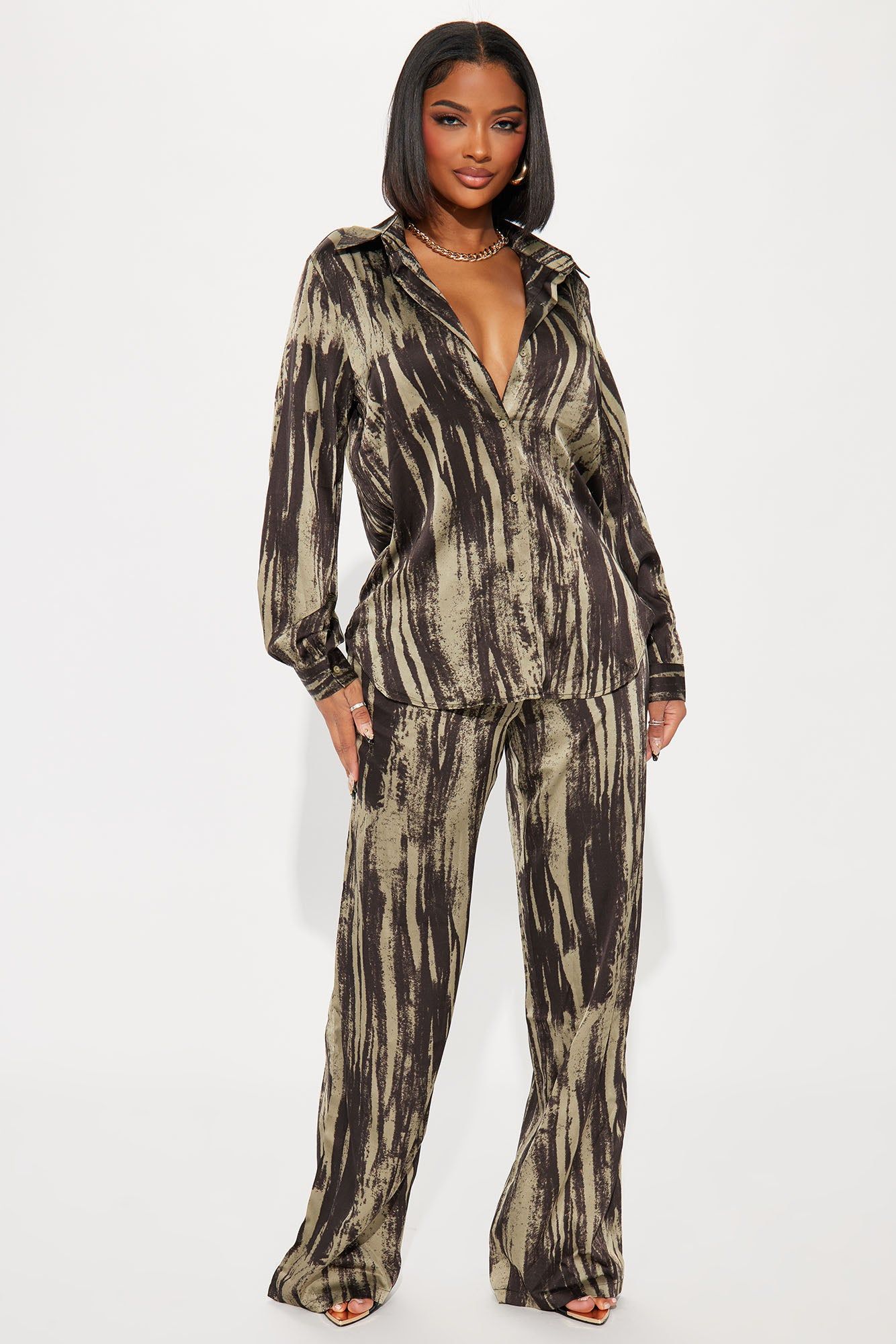 Say Something Satin Pant Set - Olive/combo sold by Fashion Nova