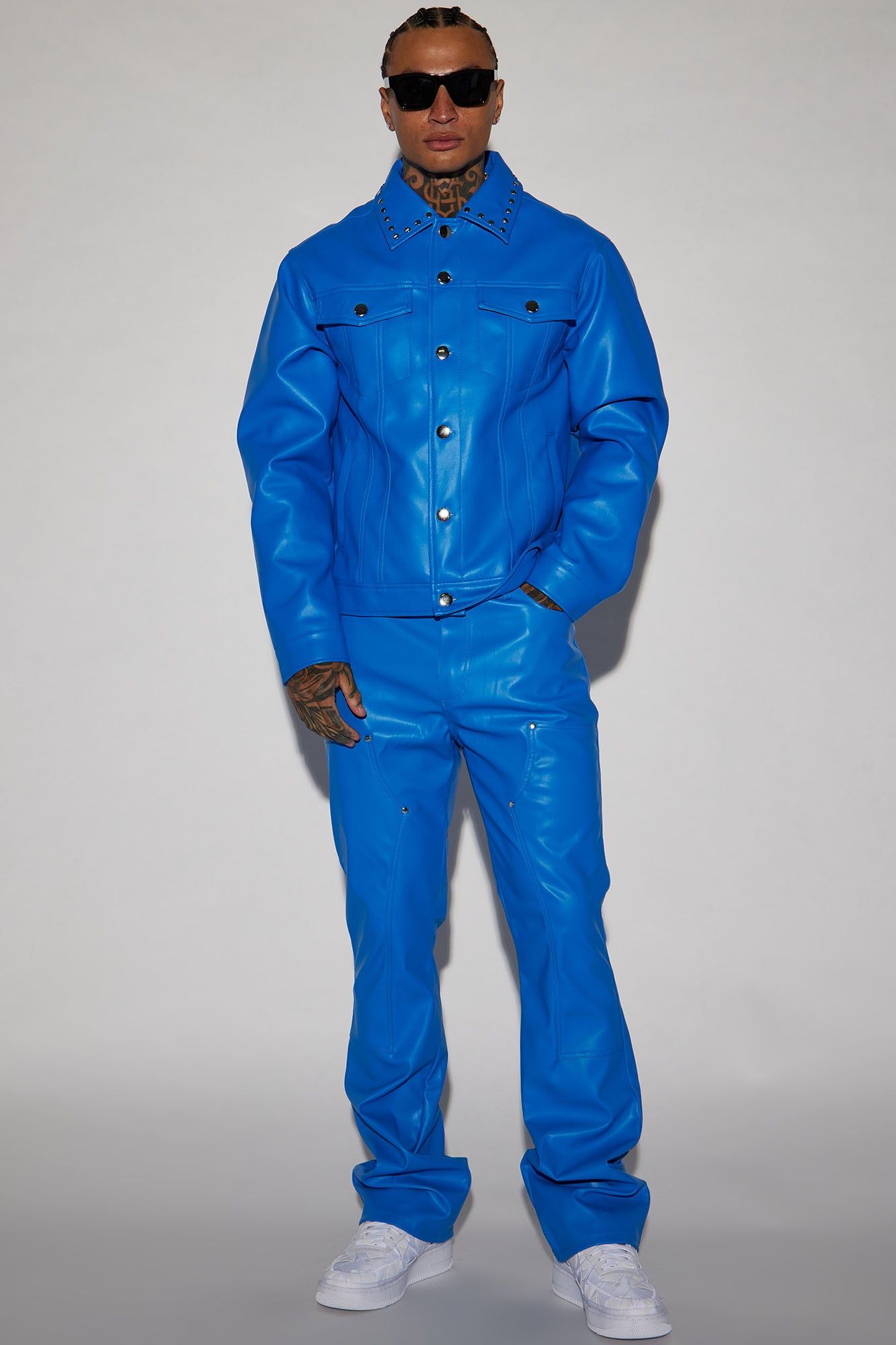 Faux Leather Studded Collar Trucker Jacket - Blue sold by Fashion Nova product image thumbnail 3