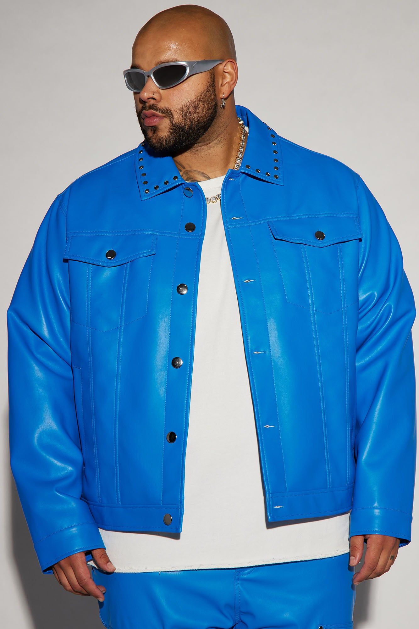 Faux Leather Studded Collar Trucker Jacket - Blue sold by Fashion Nova product image thumbnail 2