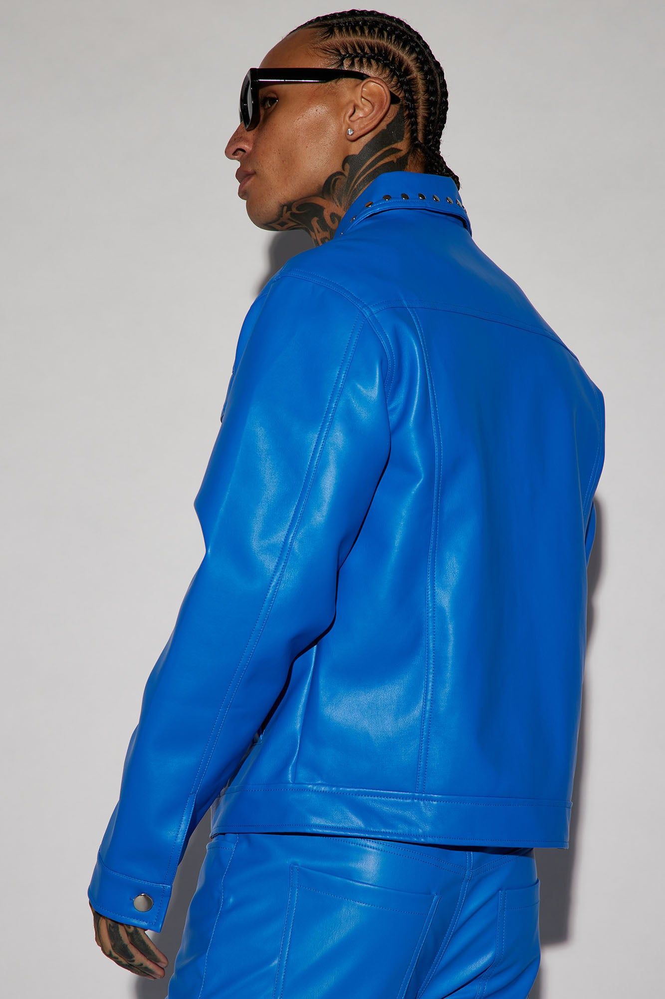 Faux Leather Studded Collar Trucker Jacket - Blue sold by Fashion Nova product image thumbnail 4