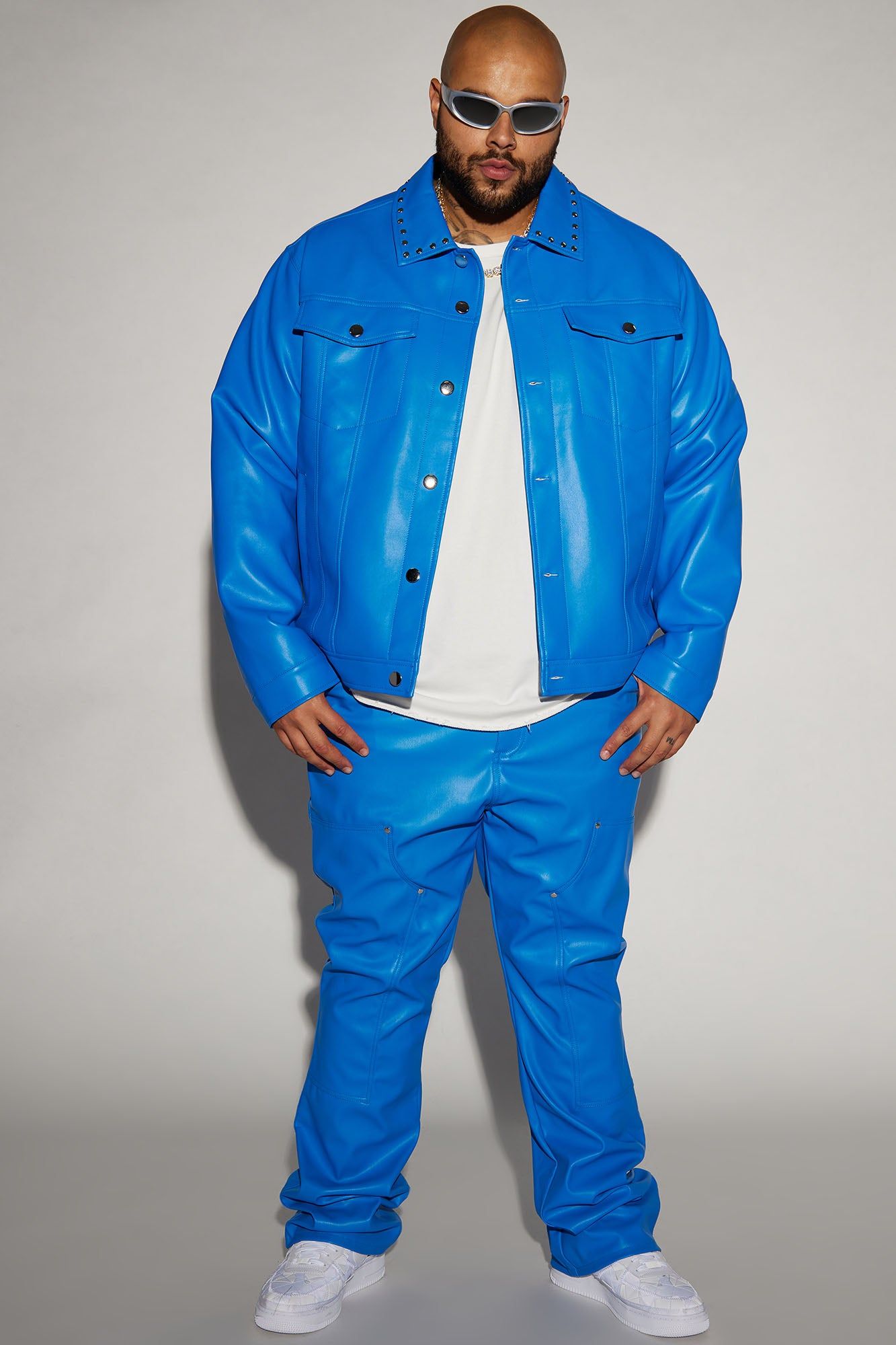 Faux Leather Studded Collar Trucker Jacket - Blue sold by Fashion Nova product image thumbnail 5