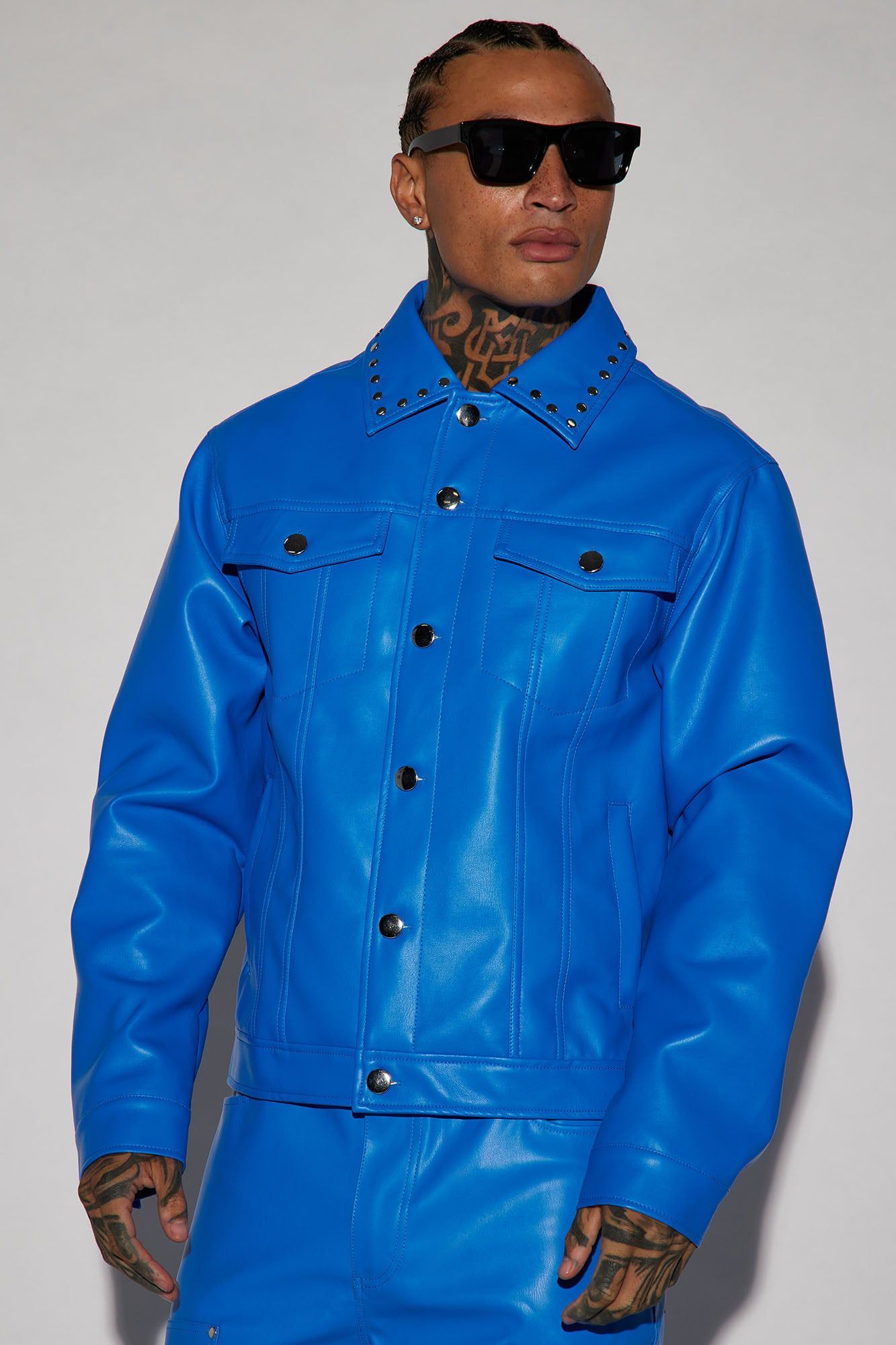 Faux Leather Studded Collar Trucker Jacket - Blue sold by Fashion Nova
