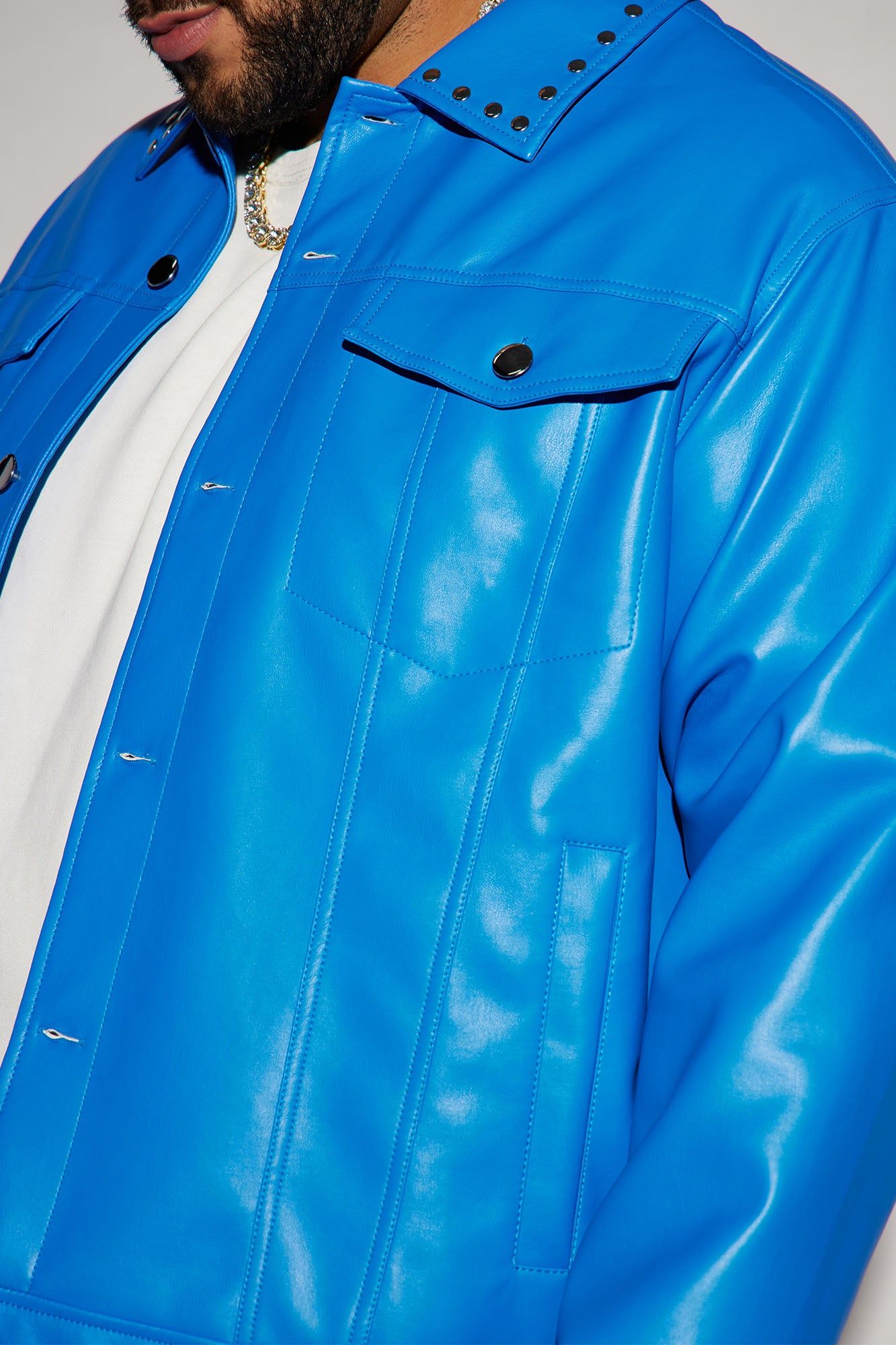 Faux Leather Studded Collar Trucker Jacket - Blue sold by Fashion Nova product image thumbnail 6