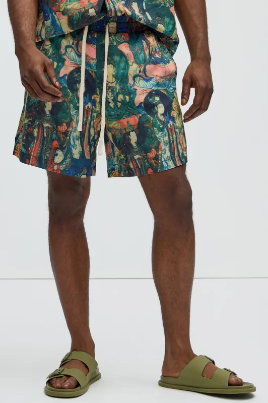 Silk Road Warm Up Shorts - Green/combo sold by Fashion Nova