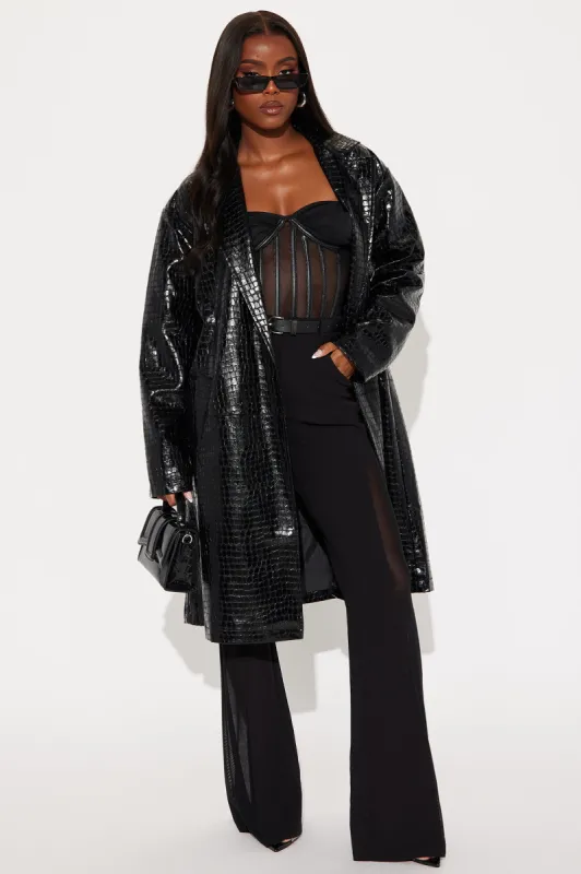 Such A Mood Croc Faux Leather Trench - Black sold by Fashion Nova