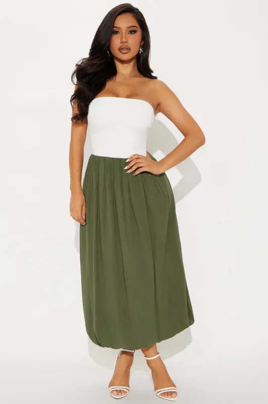 Hayden Strapless Midi Bubble Dress - Olive/combo sold by Fashion Nova