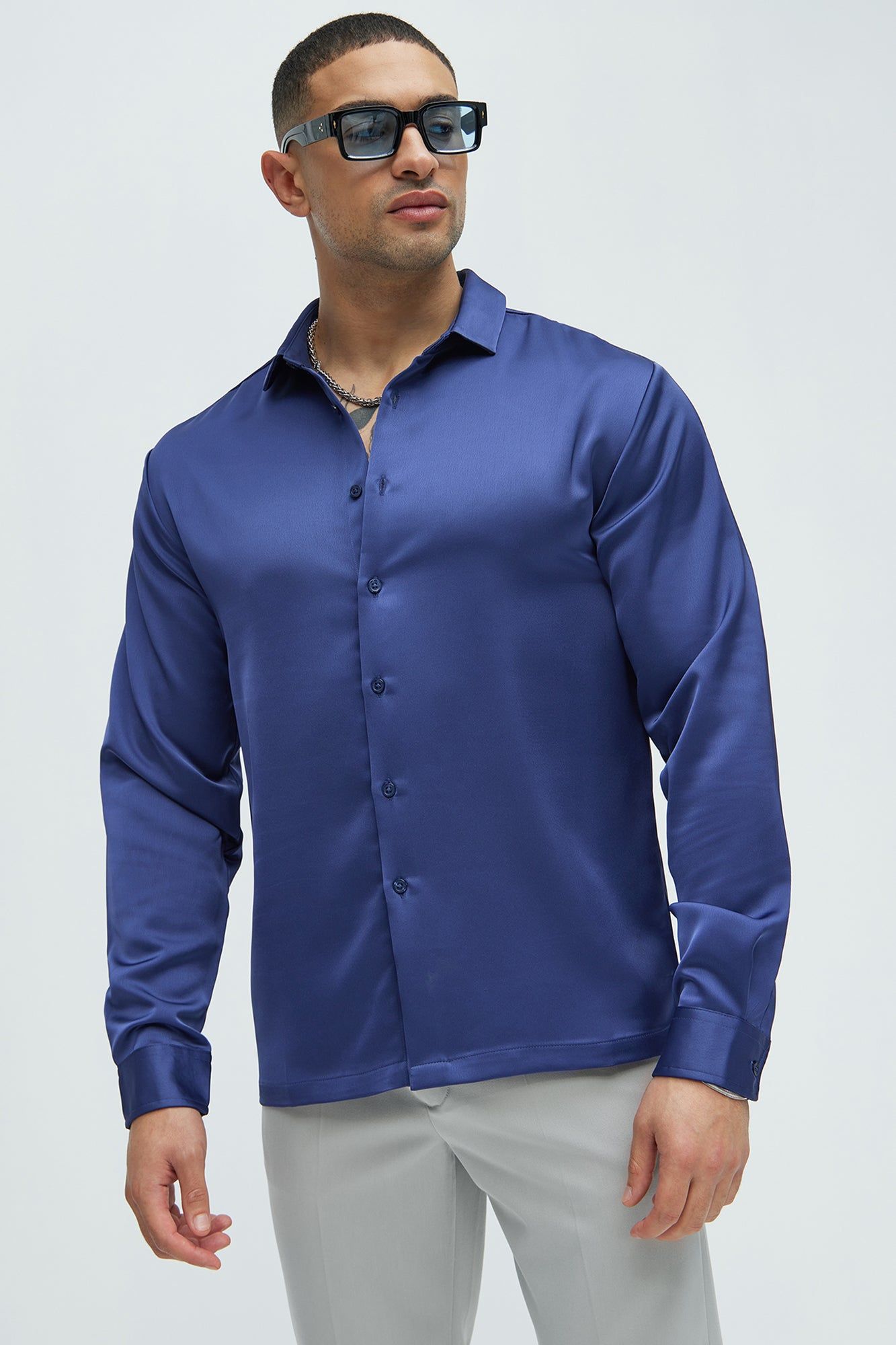 Links Satin Long Sleeve Button Up Shirt - Navy sold by Fashion Nova