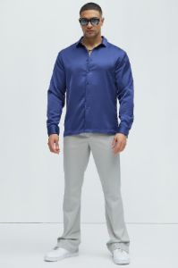 Links Satin Long Sleeve Button Up Shirt - Navy sold by Fashion Nova