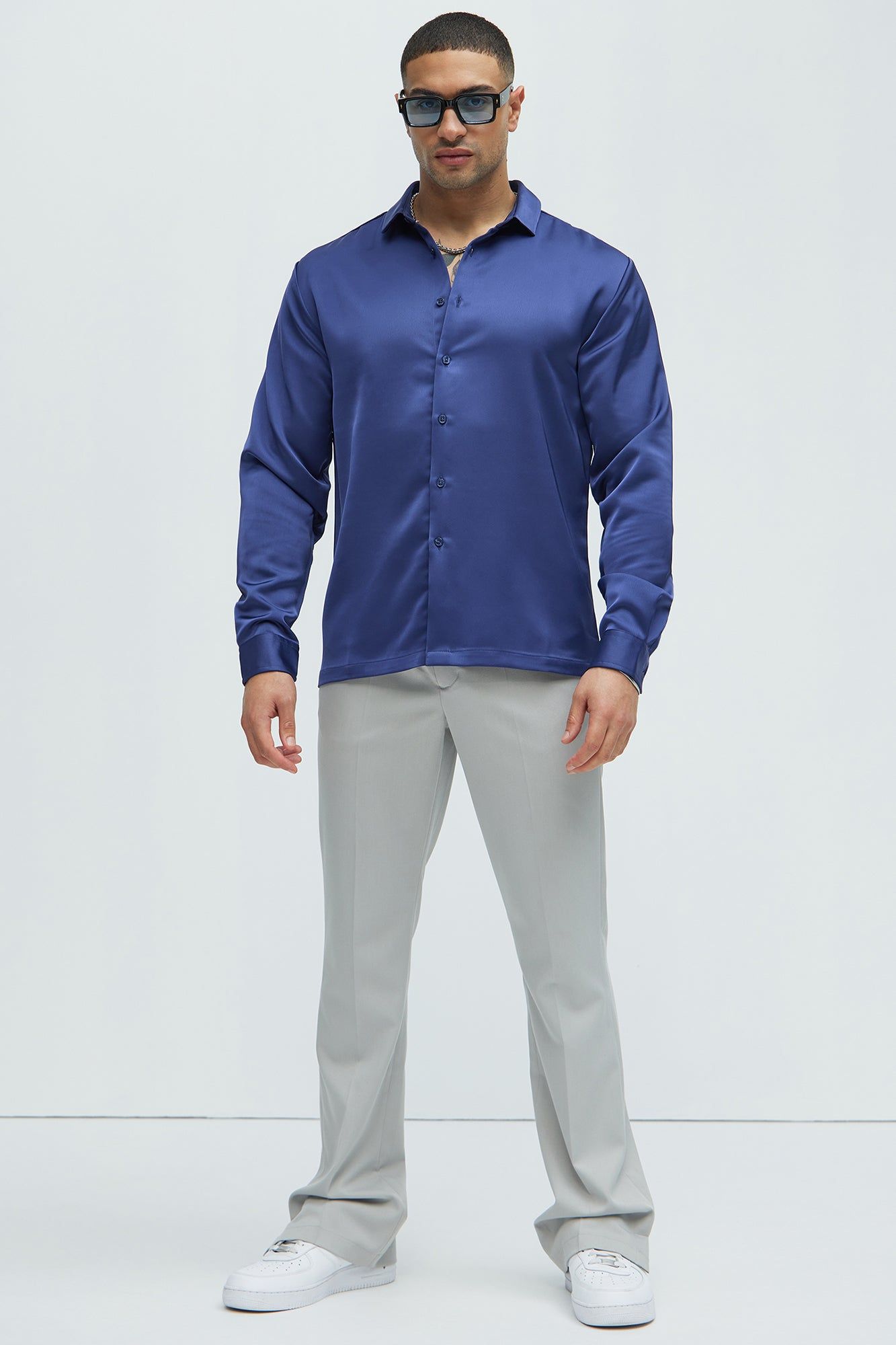 Links Satin Long Sleeve Button Up Shirt - Navy sold by Fashion Nova product image thumbnail 2