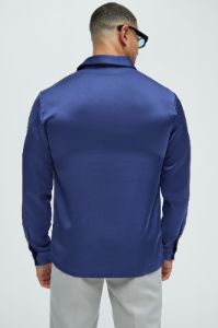 Links Satin Long Sleeve Button Up Shirt - Navy sold by Fashion Nova