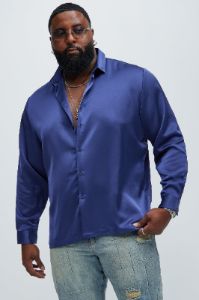 Links Satin Long Sleeve Button Up Shirt - Navy sold by Fashion Nova