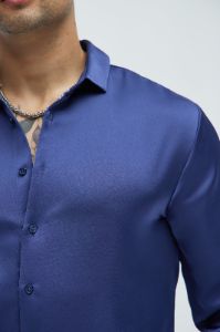 Links Satin Long Sleeve Button Up Shirt - Navy sold by Fashion Nova