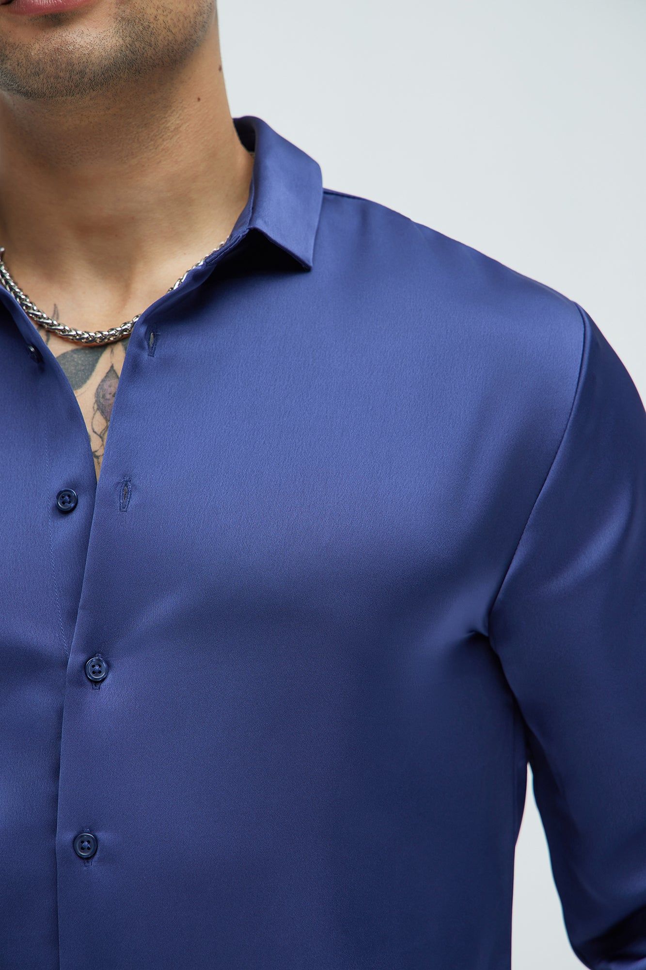 Links Satin Long Sleeve Button Up Shirt - Navy sold by Fashion Nova product image thumbnail 3