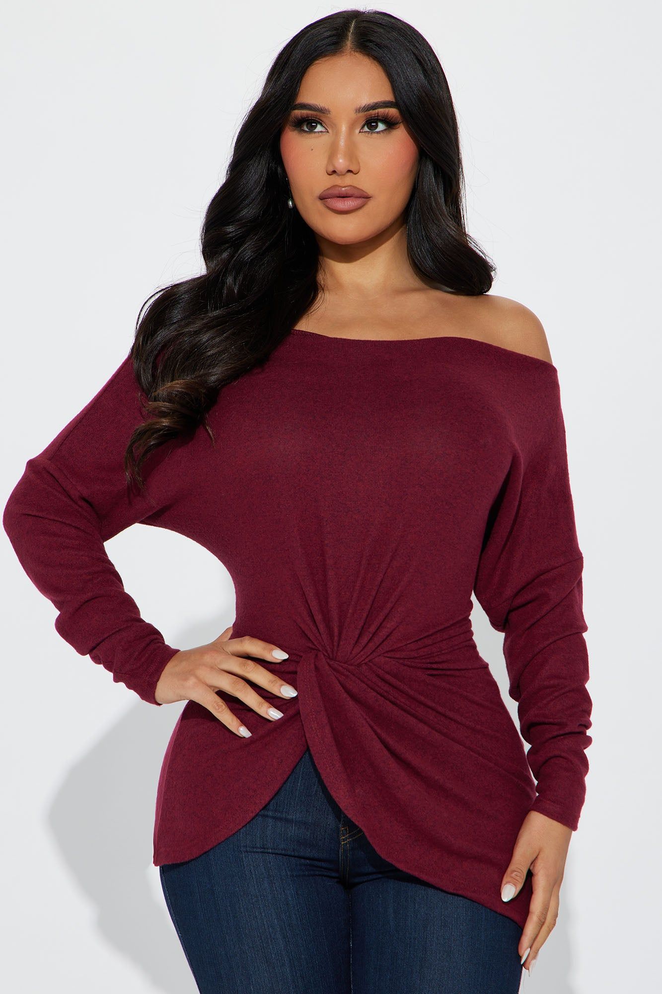 Simply Flawless Off Shoulder Top - Wine sold by Fashion Nova