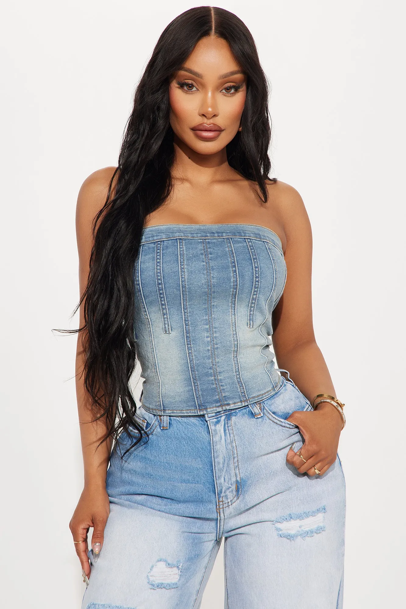 Around Town Denim Top - Light Wash sold by Fashion Nova