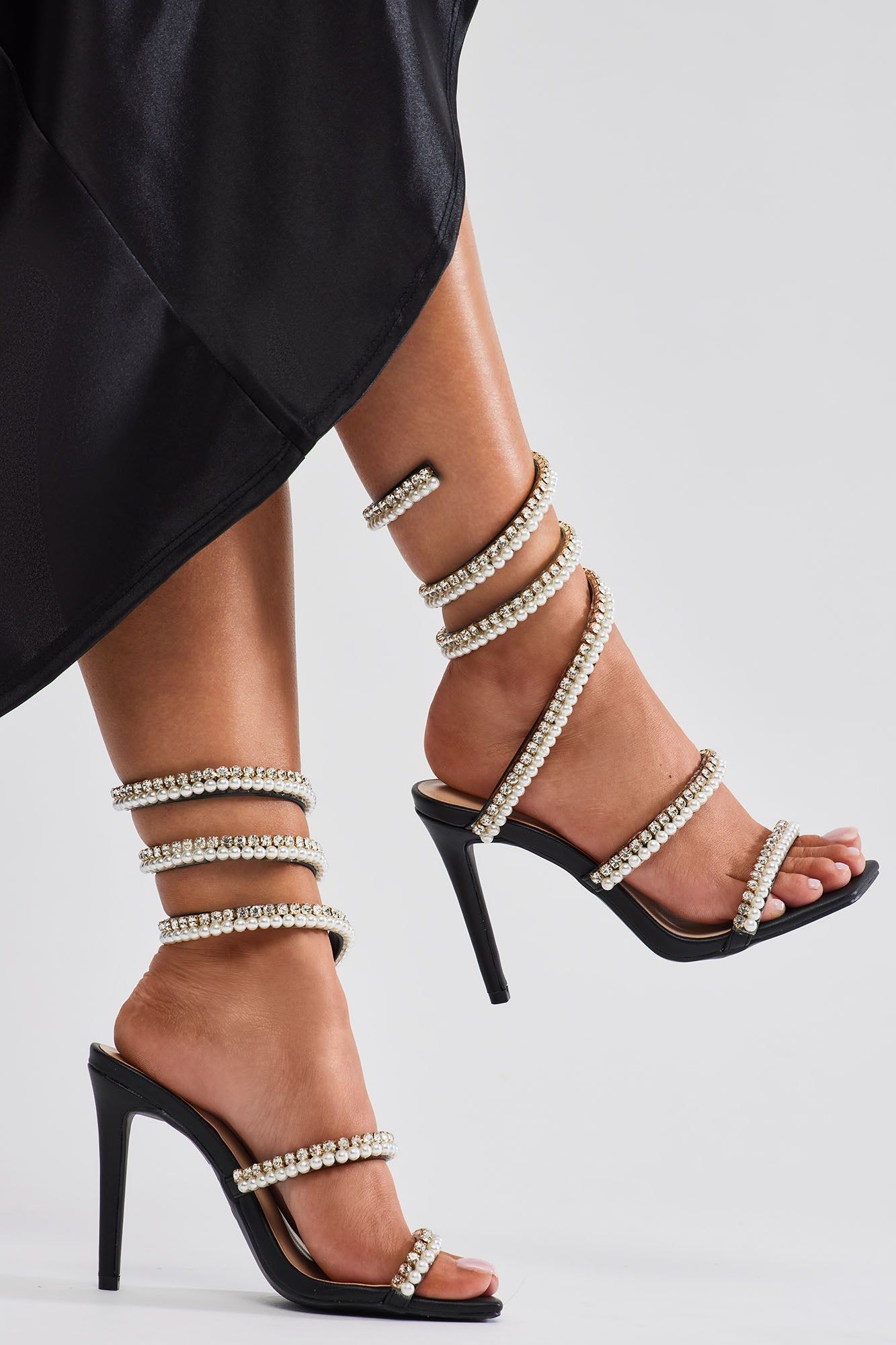 Maeve Embellished Pearl Wrap Up Heels - Black sold by Fashion Nova