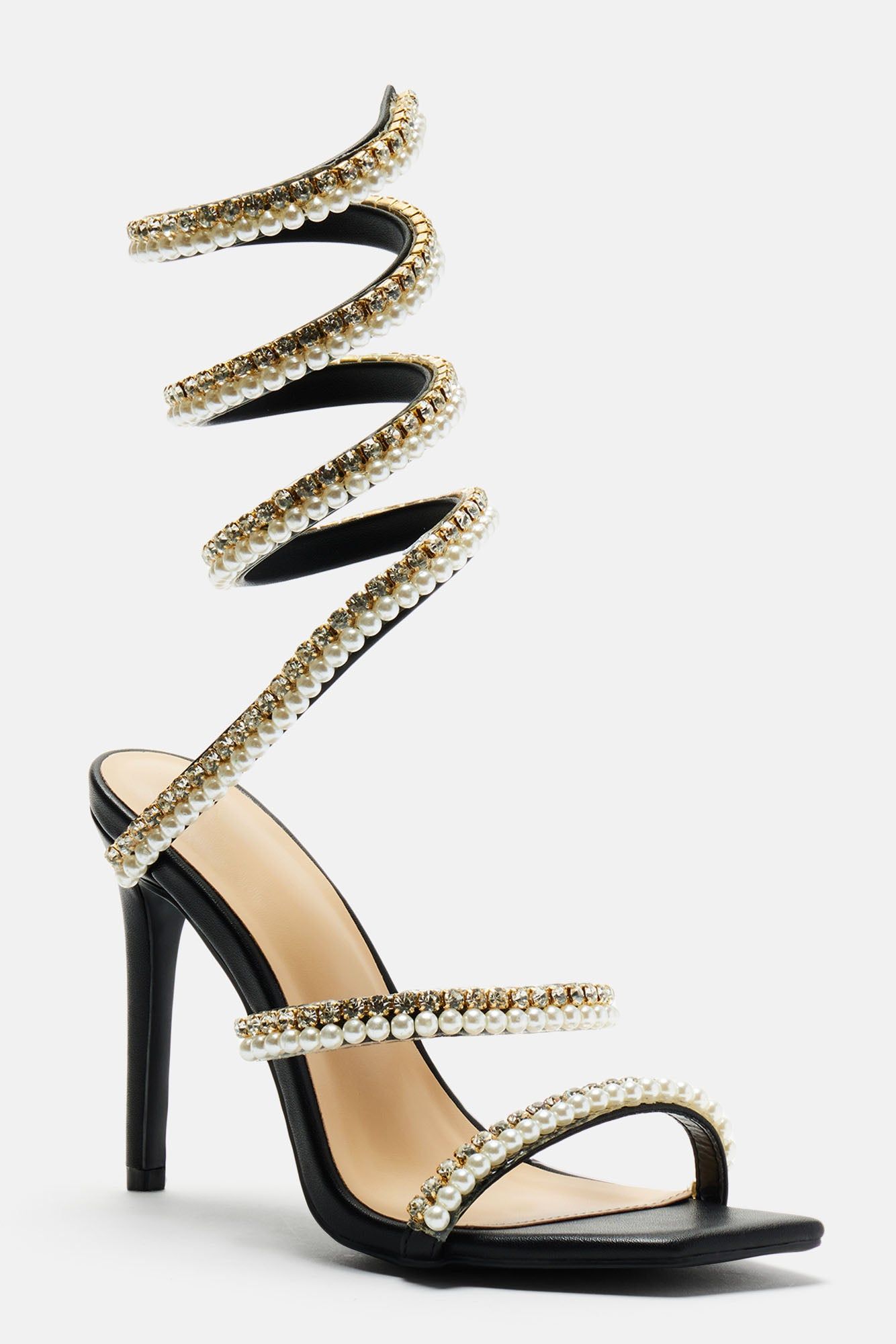 Maeve Embellished Pearl Wrap Up Heels - Black sold by Fashion Nova product image thumbnail 2