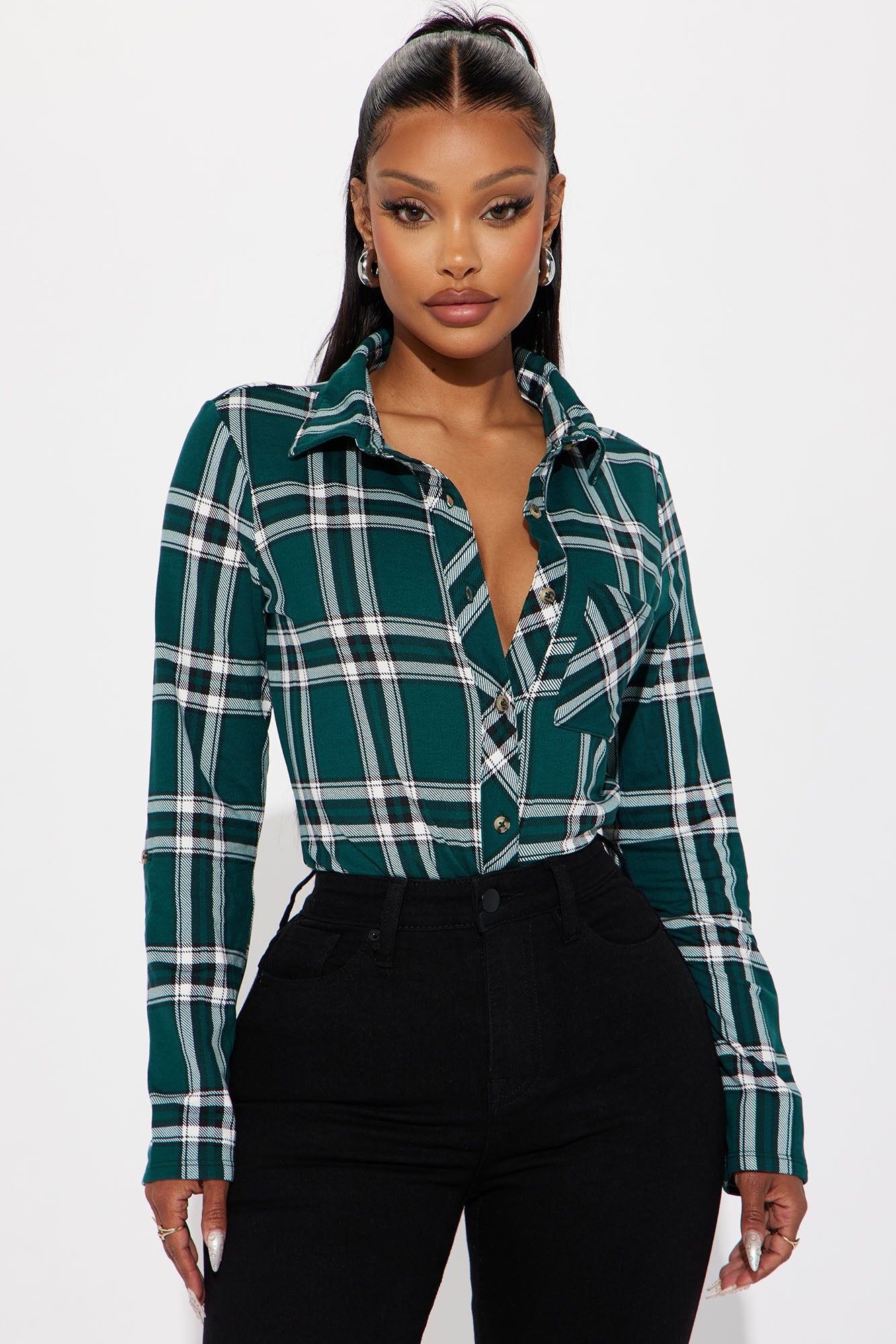 Journee Plaid Shirt - Green/combo sold by Fashion Nova