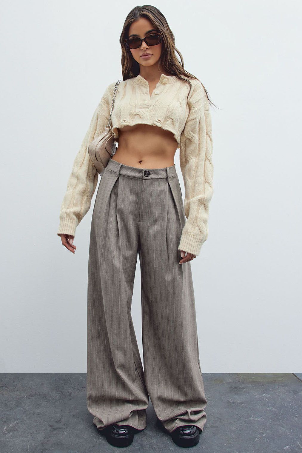 Working Gal Wide Leg Trouser - Brown/combo sold by Fashion Nova